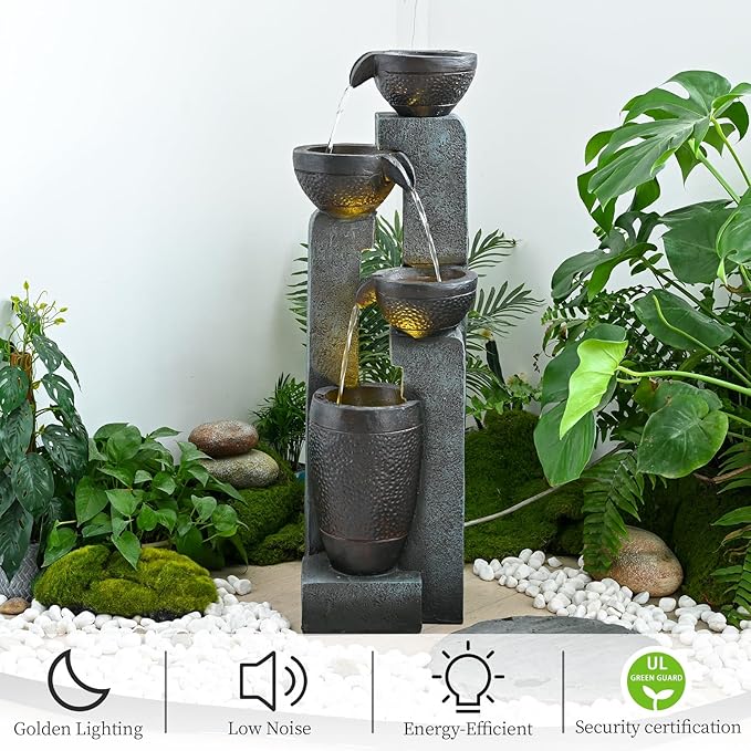 40" Inch Water Fountain Outdoor&Indoor 4-Tiers Large Outdoor Patio Decor Gray Garden Water Fountain for Outside Waterfall with LED Light&Pump Resin Modern Floor-Standing Water Feature Outdoor