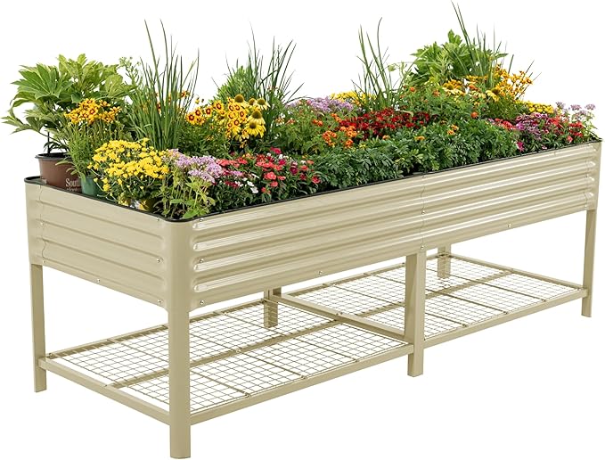 Elevated Raised Garden Bed- Jumbo Series, 3' x 8' Outdoor Planters Boxes with Legs & Storage Rack for Patio, 2000+ Lbs Weight Capacity, Raised Beds for Gardening Herbs Vegetables Flowers, Pearl White