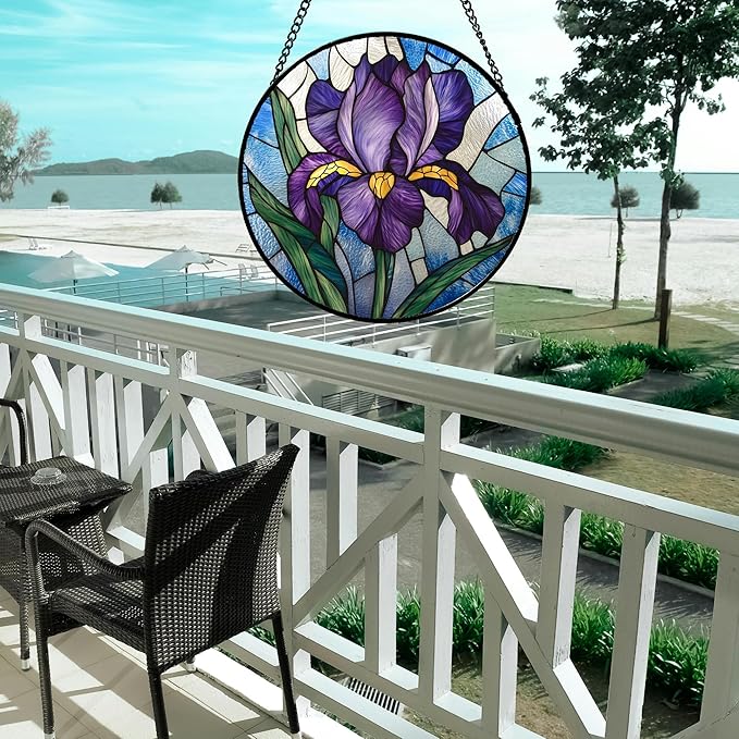HWRHTR Stained Glass Window Hanging - Iris Birth Flower Suncatcher for Doors Garden Yard Purple Blue Sun Catchers Decor Christmas Mother's Day Birthday Gifts for Teacher Women Mom Nana 6.3 in