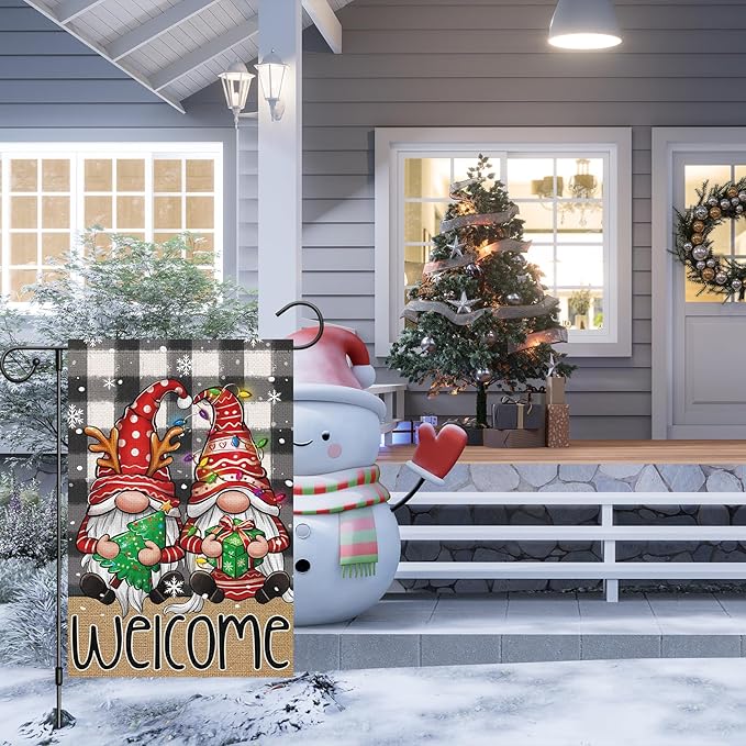 Welcome Christmas Garden Flag，Buffalo Plaid Gnome 12x18 Inch Double Sided Burlap Yard Flag for Winter Farmhouse Holiday Outdoor Decor