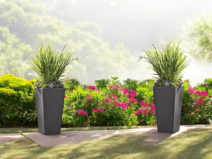 Member Mark Tall Square Planters for Indoor and Outdoor Plants, 28.5" Tall Plants Pot Outdoor/Indoor, Large Flower Planter Pot, Rectangular Planter Garden Pots. (Grey, Set of 2)