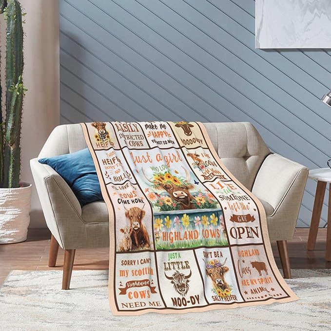 LNKRFRPA Highland Cows Blanket, Highland Cow Gifts, Highland Cow Decor, Cow Print Blanket, Cow Gifts for Women, Cow Print Throw Blanket 60"x50"