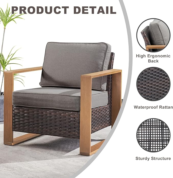 Rilyson Outdoor Wicker Patio Furniture Set - 5 Piece Patio Conversation Set with 2 Wicker Armrest Chairs,2 Rattan Ottoman, 1 Side Table, Sturdy Frame, Thick Cushions, Deep Seating(Brown/Grey)