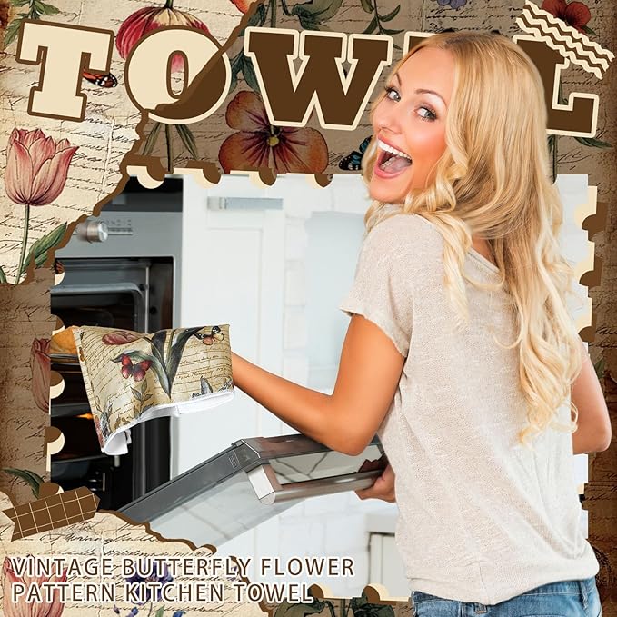 Bencailor 16 Pcs Spring Kitchen Towels Floral Butterfly Hand Dish Towels Vintage Flower Tea Dishcloths for Spring Holiday Kitchen Bathroom Home Decor Gifts, 16 x 24 Inch