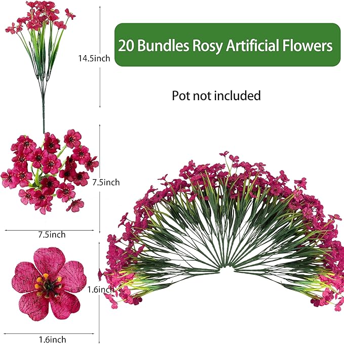20 Bundles Artificial Flowers for Outdoors, UV Resistant Fake Flowers with Plastic Plants for Outside , Faux magenta Silk Flower for outdoor Planters , realistic Plant Front Porch Patio Decor-Rosy
