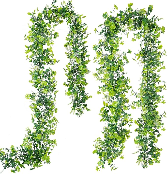 GTIDEA 2 Strands 69" St Patrick's Day Faux Greenery Four Leaf Clover Garland Artificial Ivy Vines Garland for Spring Home Front Door Festival Party Indoor Outdoor Wall Garden Decor