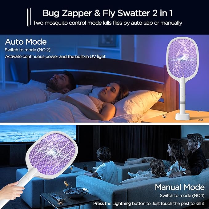2 Pack Electric Fly Swatter, Rechargeable Mosquito Electric Racket to Kill Mosquitoes, Portable Handheld Cordless 3000V Bug Zapper Racket for Indoor Home Office Wasps, Gnats, Fruit Flies, Flies