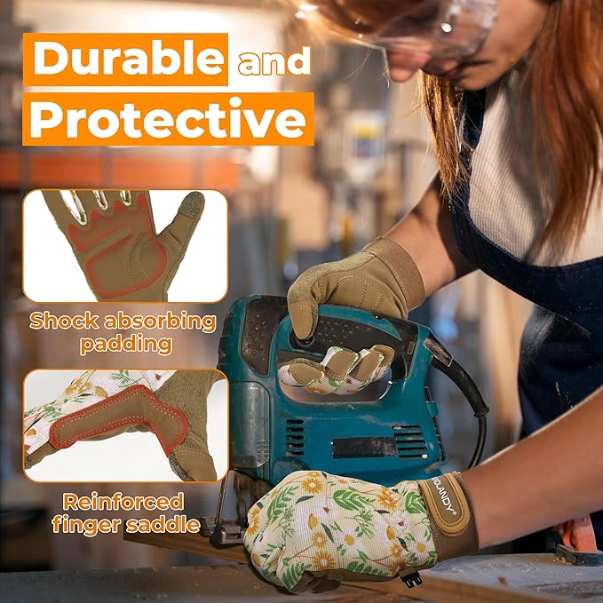 HANDLANDY Work Gloves for Women, Breathable Leather Gardening Glove for Yard Maintenance, Hand Protection with Touch Screen for Gardeners, Farmers
