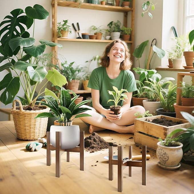 Natural Bamboo Plant Stand Indoor, Adjustable Plant Shelf Indoor Fits 8-12 Inch Pots, Mid Century Modern Decor to Refresh Your Space(Pot & Plant Not Included)