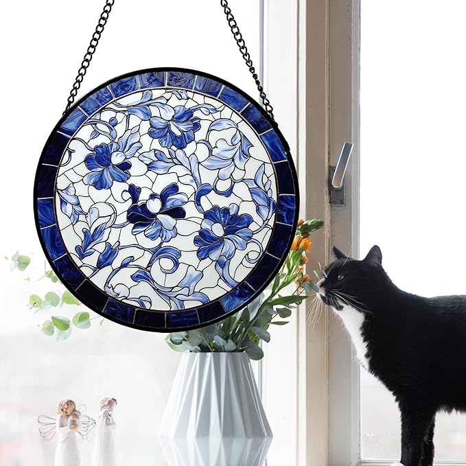AMDERVEN Stained Glass Window Hanging, Blue and White Abstract Flowers Sun Catcher for Door Home Decor Suncatcher Christmas Mother's Day Birthday Gifts for Women Men Mom and Nana 6.3 in