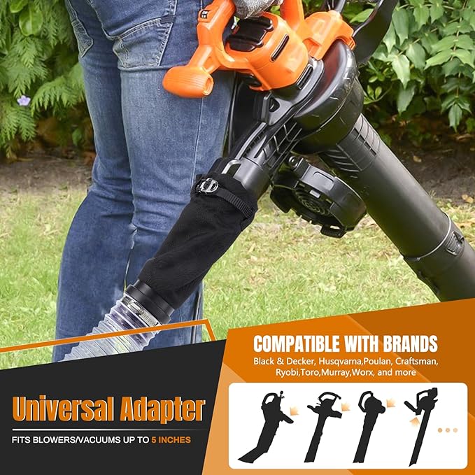 Universal Leaf Collection System for Leaf Blowers & Vacuums, Fits Up to 5” Diameter, Transparent Observation Tubes, Adjustable Mesh Cover for 32–96 Gal Bins