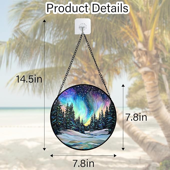 DASTOLL Stained Glass Window Hanging, Aurora Landscape Sun Catchers Glass Panel Green Trees Suncatcher Decor for Birthday for Women, Men, Wife, Aunt, and Mom 7.8 in