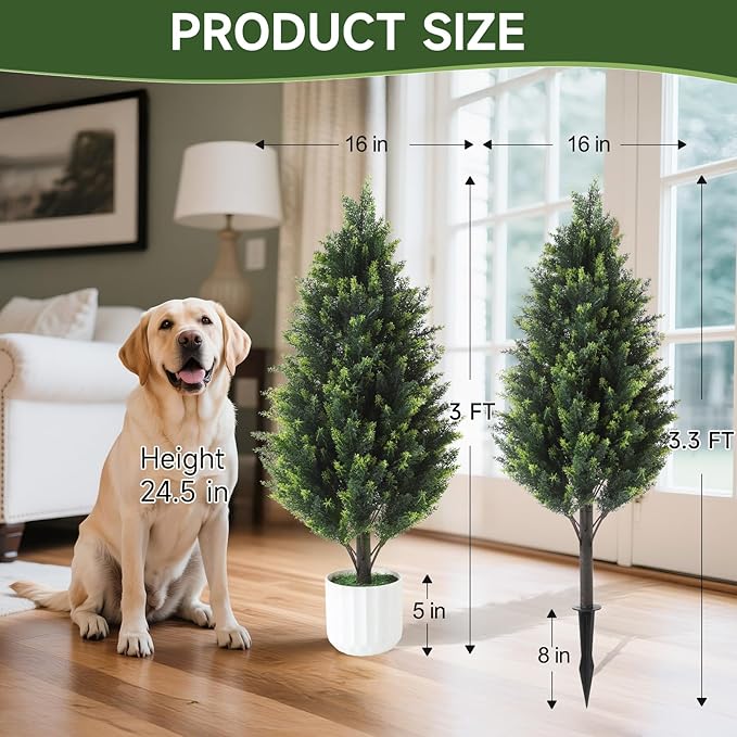 Gladeup 3FT Artificial Cedar Topiary Trees Set of 2 Detachable Planter & Spike,UV Resistant Faux Plants Outdoor and Indoor,Realistic Fake Bushes Pine Tree for Front Porch Decor(Cedar Green)