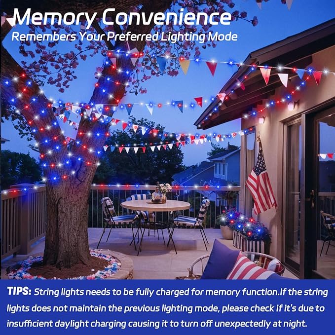 Red White and Blue Solar Fairy Lights, 4th of July Lights Waterproof Outdoor 16.4ft 50LED 8 Modes Memory Function Independence Day Memorial Day Decorations