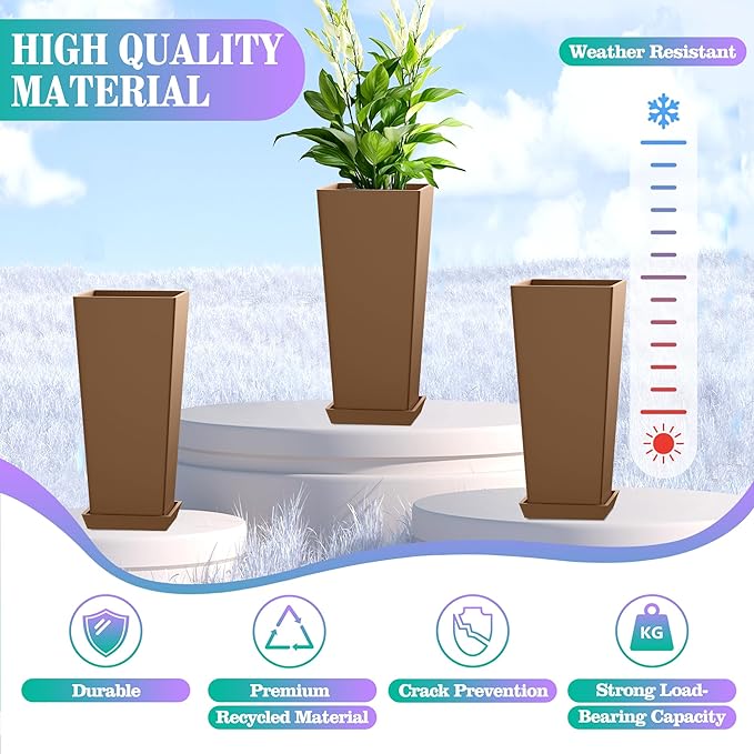TUYOHW 24 Inch Tall Tapered Square Planters (Set of 2) - Indoor Outdoor Large Flower Pots with Built-in Drainage & Matching Water Tray for Patio, Garden, Home - Brown