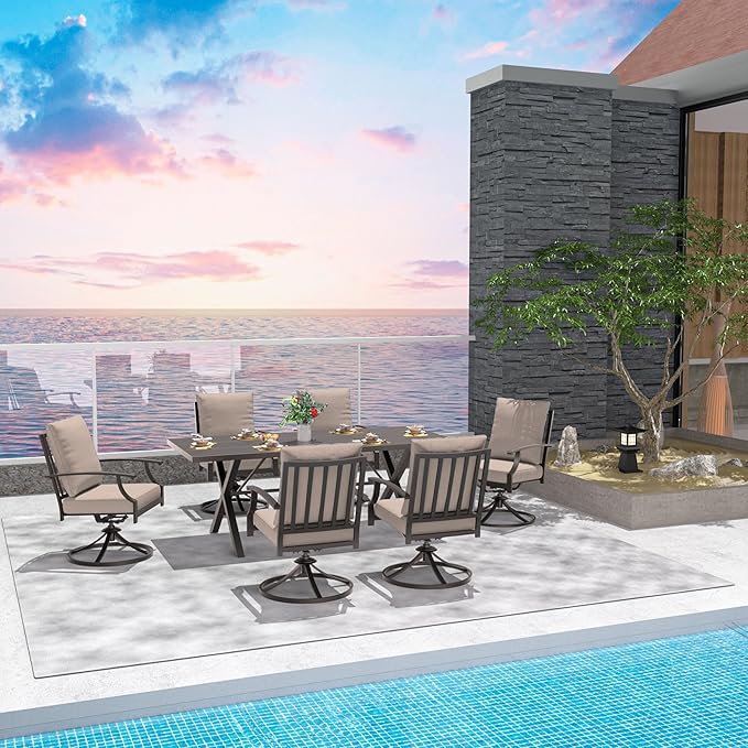 7-Piece Patio Dining Set Outdoor Conversation Set,Metal Outdoor Furniture Set with Umbrella Hole Cut-Out 78.7" x 35.4" Table and 6 Metal Backrest Swivel Chairs for Backyard,Garden,Sand