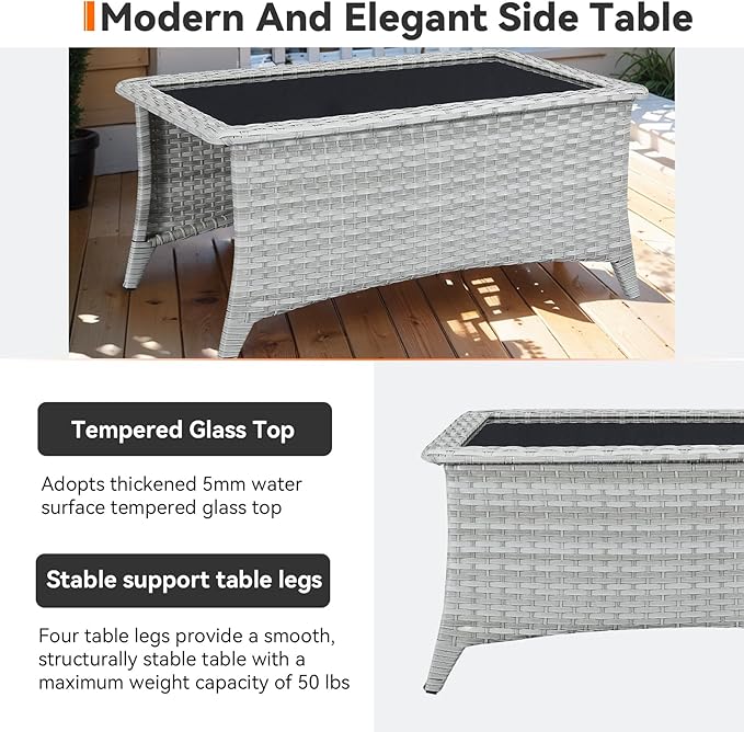 Outdoor Coffee Table - Patio Rattan Wicker Coffee Table with Tempered Glass Top Outdoor Table for Deck Porch Balcony Garden - Light Grey