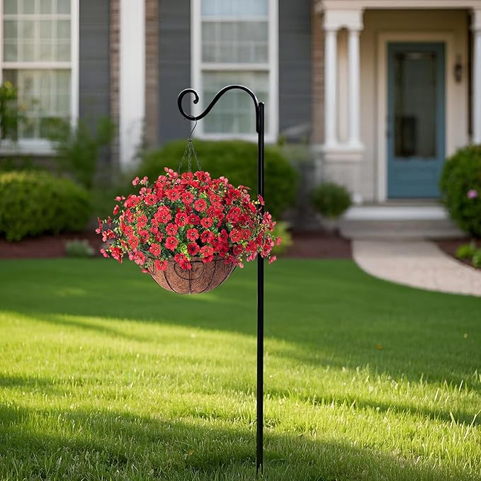 Artificial Flowers Hanging Basket for Outdoor Indoor Spring Summer Decoration,Fake Silk Colorful Daisy Eucalyptus in 12" Coconut Lining Flowerpot Arrangement for Home Patio Yard Decor(Red)