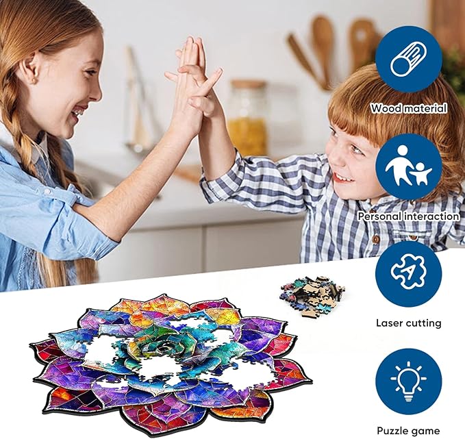 Delobil Stained Glass Succulent Wooden Puzzles for Adults, 500 Pieces Mandala Jigsaw Puzzles, Unique Shaped Royal Size Wood Puzzle Gift for Kids, Family Game 16.4'' x 16.7''