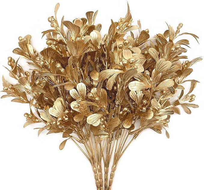PASYOU Fake Plants Christmas Decorations, Golden Artificial Flowers Plastic Grass Shrubs Leaves Indoor Outdoor Home Garden Party Hotel Verandah Wedding Event Bouquet Faux DIY Decor - Gold 4 Pack