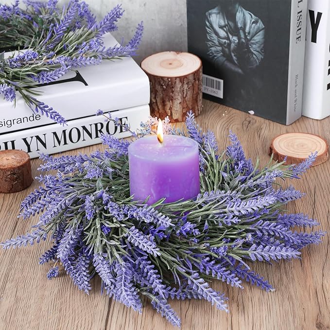 4 Pcs Lavender Candle Rings Wreaths Mini Purple Wreath Table Centerpieces 3 Inch Floral Wedding Ring Wreaths Pillar Lavender Candle Holder for Spring Summer Home Door Party Decoration