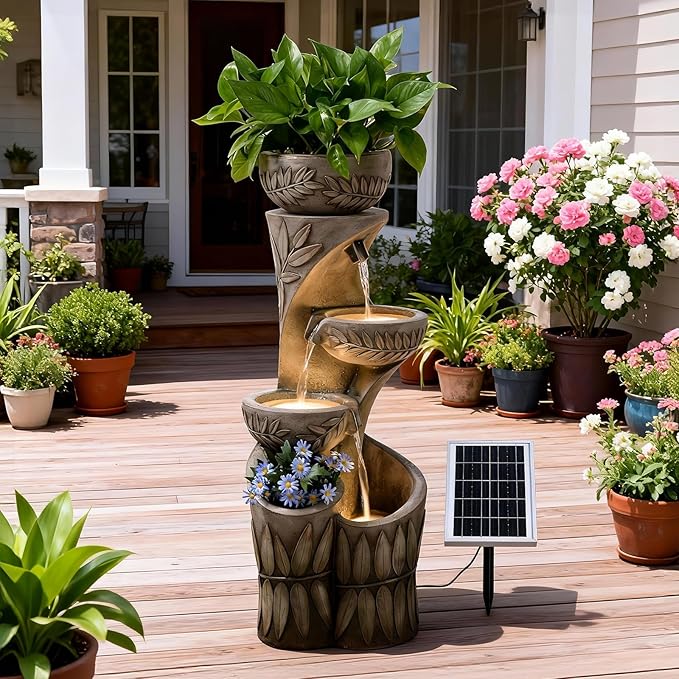 35.6" Solar Outdoor Water Fountain - Relief Leaf Design 4 Tiers Modern Cascading Bowls and Garden Fountains with Lights for Patio, Deck, Porch, Lawns, Backyard and Home Art Decor