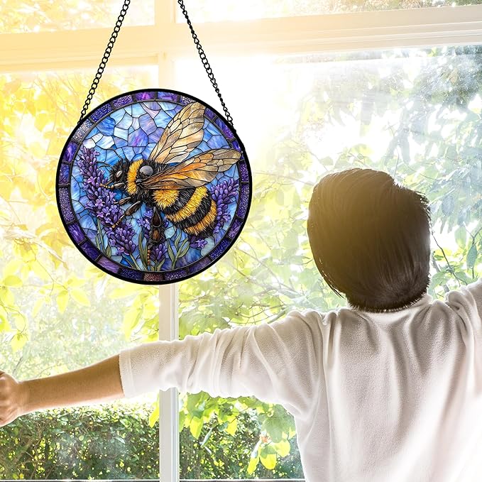 DASTOLL Stained Glass Window Hanging, Bee Lavender Sun Catchers Diamond Glass Panel Hangings Insect Suncatcher Decor for Birthday for Women, Men, Wife, Aunt, and Mom 9.8 in