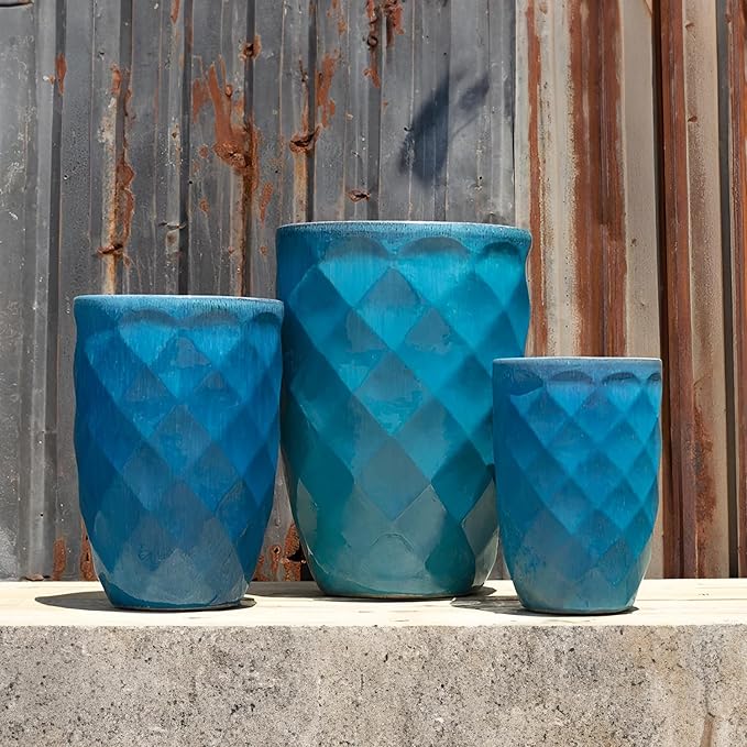 PLANTATOREM Medium High Diamond Planter Set of 3 - Falling Aqua Elegant Ceramic Pots with Drainage - Durable Indoor Outdoor Use - Matte Finish - 18" Diameter, 26" Height for Creative Arrangements