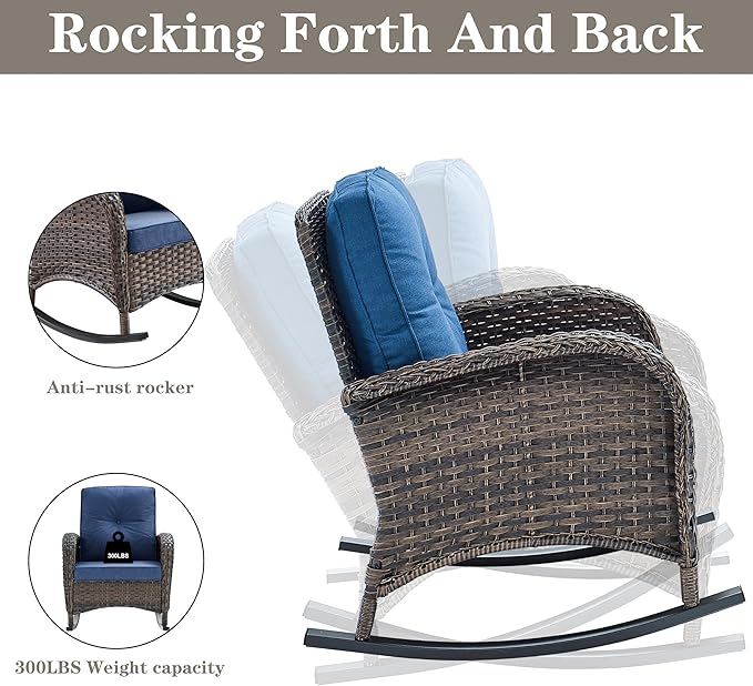 Belord Patio Rocking Chairs Furniture Set of 6, Outdoor Wicker Furniture Sets with Wicker Rocker, Small Patio Conversation Sets with Outdoor Couch Ottomans Brown/Blue