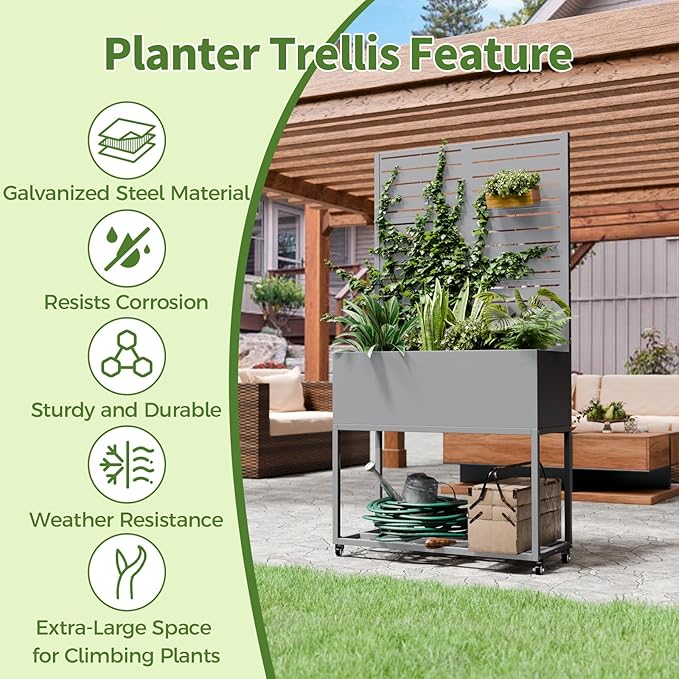 Metal Planter Box with Trellis,67" H x35 W Raised Garden Beds with Privacy Screen for Climbing Plants Flower, Elevated Standing Planter Garden Bed with Drainage Holes for Outdoor Patio,Grey