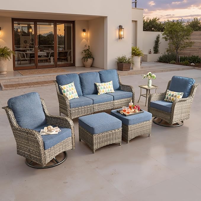 ovios 6 Pieces Patio Furniture Set, Outdoor Wicker Sofa Couch with Swivel Chairs Ottomans Comfy Cushions, High Back Modern All Weather Conversation Sets, Grey Rattan, Denim Blue
