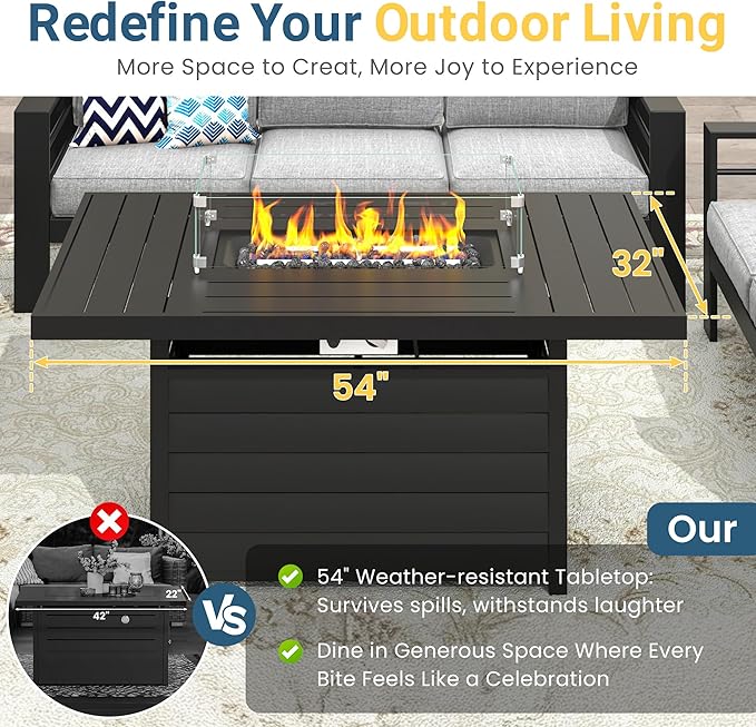 Wisteria Lane Aluminum Patio Furniture Set, 7 Seats Metal Outdoor Furniture Set with 54 Inch Propane Gas Fire Pit Table, Patio Conversation Set