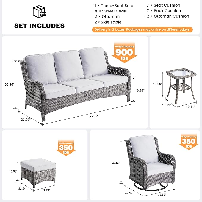 ovios 9 Pieces Patio Furniture Set, Outdoor Wicker Sofa Couch with Swivel Chairs Ottomans Comfy Cushions, High Back Modern All Weather Conversation Sets, Grey Rattan, Grey
