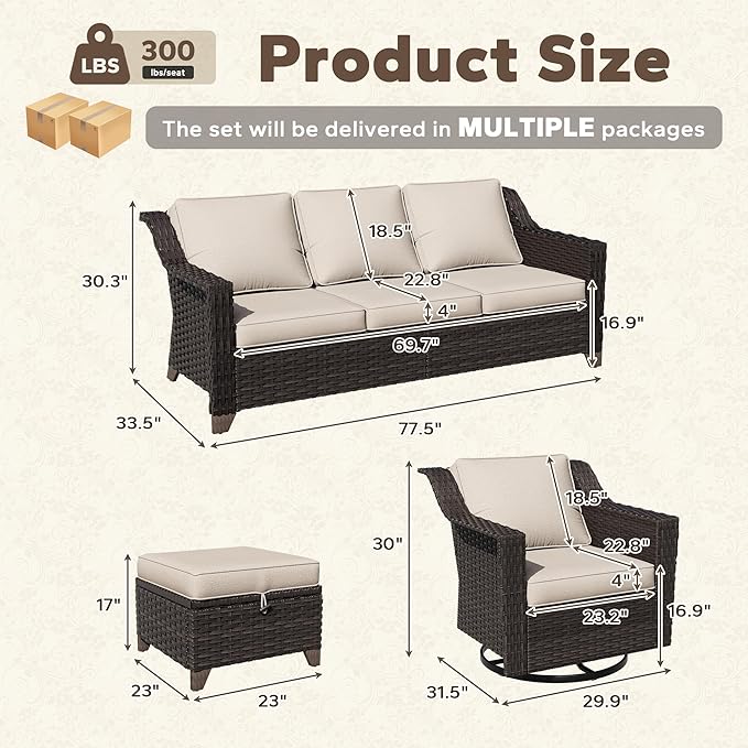 5 Pieces Patio Conversation Furniture Set - 1 Sofa, 2 Swivel Chairs, 2 Ottomans, Outdoor Wicker Furniture with Removable Cushions for Porch, Balcony, Sunroom (Beige)