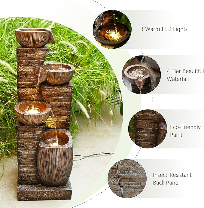 Water Fountain Outdoor Garden,38.2" Tall Modern Freestanding 4 Tiers Indoor Waterfall Fountain with LED Lights for Patio, Balconies, Lawns, Deck, Porch Backyard and Home
