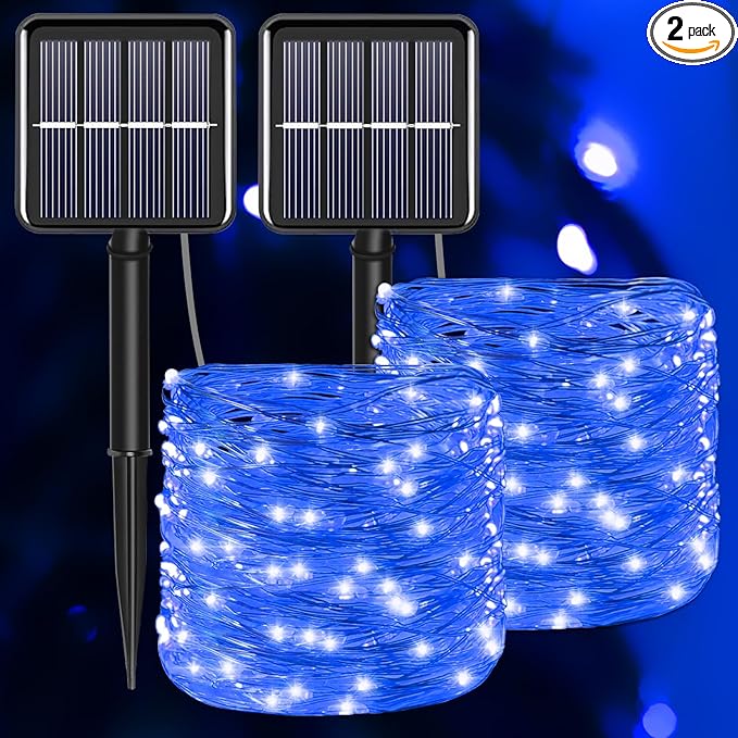 YAOZHOU Blue Solar Christmas String Lights Outdoor Waterproof, 2Pack Total 200Led 66Ft 8 Modes Copper Fairy Lights for Halloween Garden, Patio, Fence, Balcony, Outdoors