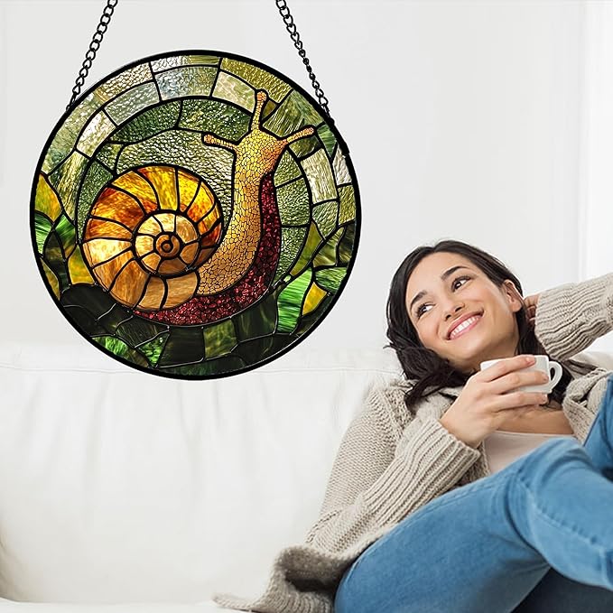 AMDERVEN Stained Glass Window Hanging, Green Orange Snail Sun Catcher for Door Home Decor Suncatcher Christmas Mother's Day Birthday Gifts for Women Men Mom and Nana 15 in