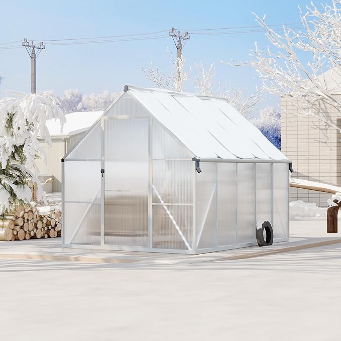 8X10 ft Polycarbonate Greenhouse with Aluminum Frame, Polycarbonate Greenhouse for Outdoors, Greenhouses with Ventilation and Rain Gutter, Aluminum Large Walk-in Greenhouses for Outside