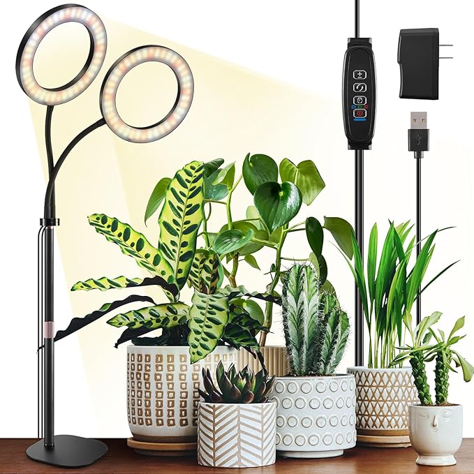 LPMZMBL Dual Heads Grow Lights for Indoor Plant Full Spectrum, Desk Halo Plant Lights for Indoor Growing with 3/9/12 Timer, 5 Dimmable Levels,Height Adjustable 9.4-23.6",Strong Metal Base Happy Light
