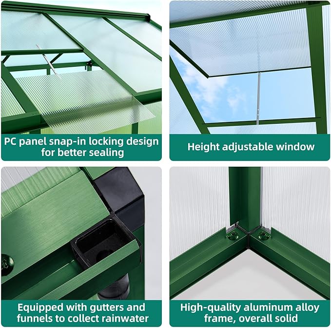 6x8 ft Greenhouse, Aluminum Frame & Polycarbonate Panel Greenhouse for Outdoors, Green House with Adjustable Roof Vent & Lockable Door, Durable Walk-in Green Houses for Backyard, Patio, Lawn