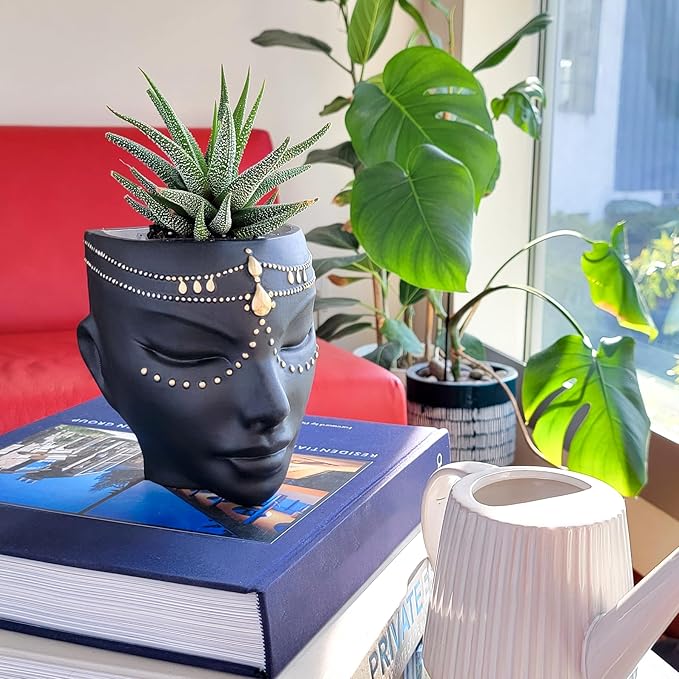 Head Planter - Indoor & Outdoor Home Decor Gifts for Plant Lovers - for Flat Surface or Wall Mount - Unique Face Planter for Flowers, Succulents, & More (7 inch, Serena Design, Black)