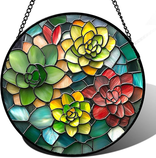 HWRHTR Stained Glass Window Hanging - Red Green Succulent Plants Suncatcher for Doors Window Home Sun Catchers Decor Christmas Mother's Day Birthday Gifts for Teacher Women Men Mom Nana 6.3 in