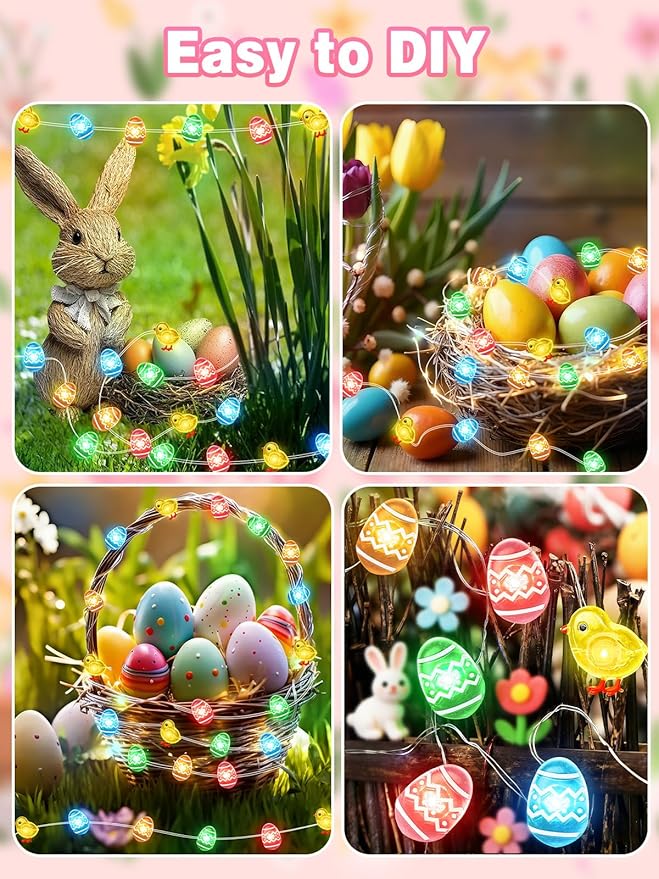 Easter Decoration Fairy Lights, 10 FT 30 LED Multicolor Eggs Chicken String Lights Battery Operated with Remote, 8 Modes Waterproof LED Light Mini Decor for Outdoor Indoor Easter Party Home DIY Decor