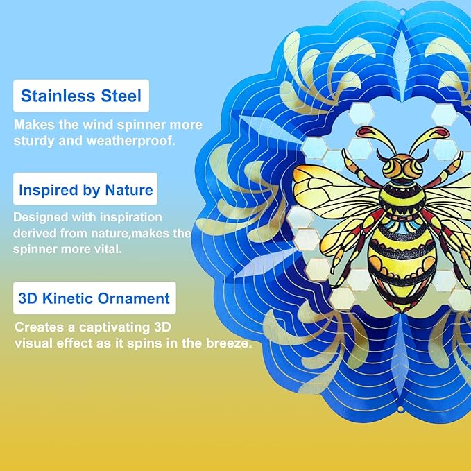 Bee Wind Spinners 3D Hanging Spinner Bee Gifts for Women Mom Grandma Dad,12inch Metal Spring Wind Kinetic Sculpture for Outdoor&Indoor Decor, Yard Art, Garden Ornament Decoration