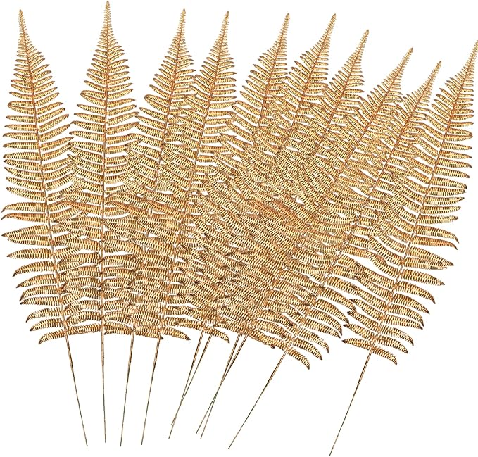 CATTREE Artificial Gold Plants Large Fern Leaves Tall 23" - 10 Pack, Fake Boston Ferns Golden Plant Decorations Plastic Faux Foliage Shrubs Simulated Leaf for Party Wedding Table Centerpiece DIY Décor
