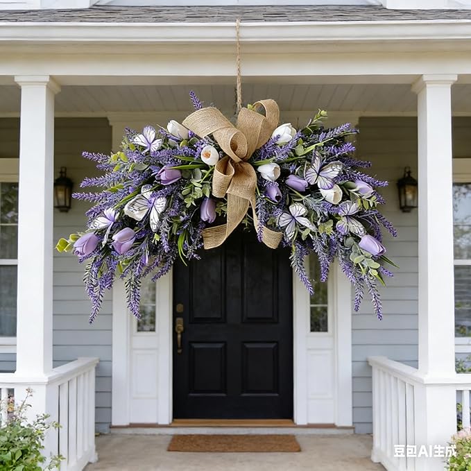Valentine's Day Artificial Heart Shaped Teardrop Swag Wreaths Spring Summer Fake Flower Wreath for Gifts Festival Front Door Window Wall Decor (1, Purple Tulips)
