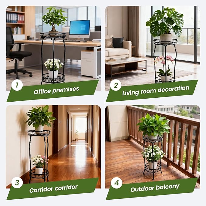 Decivems 2 Tier Tall Plant Stand Indoor Outdoor, 27in Corner Metal Wrought Iron Large Tiered Plant Shelf Holder Flower Pot Display Stands for Garden Patio (Black)