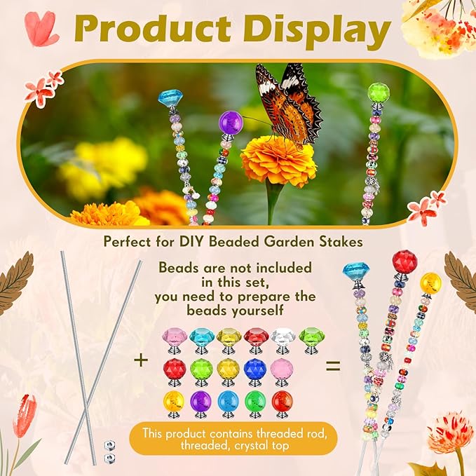 Zonon 16 Pack DIY Garden Beaded Stakes Wands Kit 16 Pcs 8/32 Inch 4mm 12 Inch Threaded Rod 16 Pcs 4mm Hex Nuts and 16 Diamond Tops Stainless Steel Decorative Garden Stakes, 16 Styles