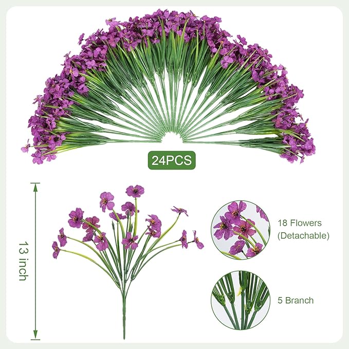 Stymedeca Artificial Flowers for Outdoor Faux Plants for Spring Summer Decoration, UV Resistant Realistic Silk Plastic Fake Flowers Garden Porch Patio Balcony Yard Front Home Decor, 24 Bundles