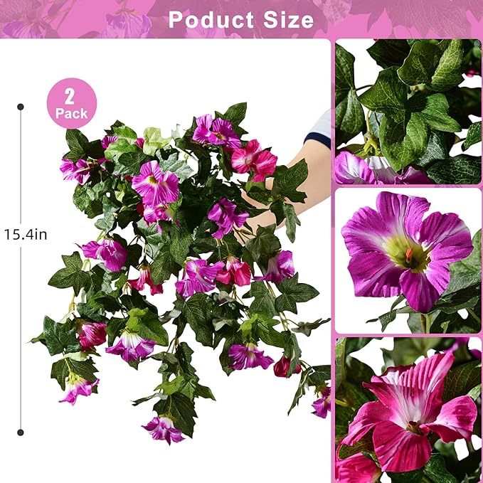 Artificial Morning Glory Flowers Plants for Outdoor 2Pcs Faux Silk Petunias Flower Realistic Faux Flowers Plants for Outside Planter Porch Yard Patio Balcony Home Indoor Decor (2 Pcs Fuchsia)
